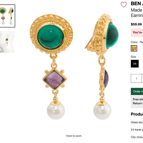 New BEN AMUN Made In USA, 24kt Gold Plated Glass Stone And Faux Pearl Earrings - Picture 4 of 4